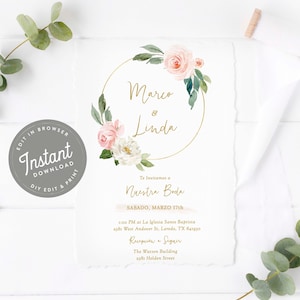 Invitaciones De Boda Template Digital Con Rosas, Invitaciones Para Boda Digital Florales, Imprimibles, Téléchargement instantané, Modifiable