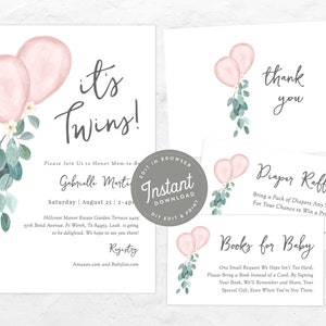Twin Girls Baby Shower Invitación, Twins Baby Shower, Globos rosas, Chica Bebé Ducha Invitación Paquete, Niña Gemelos, 85
