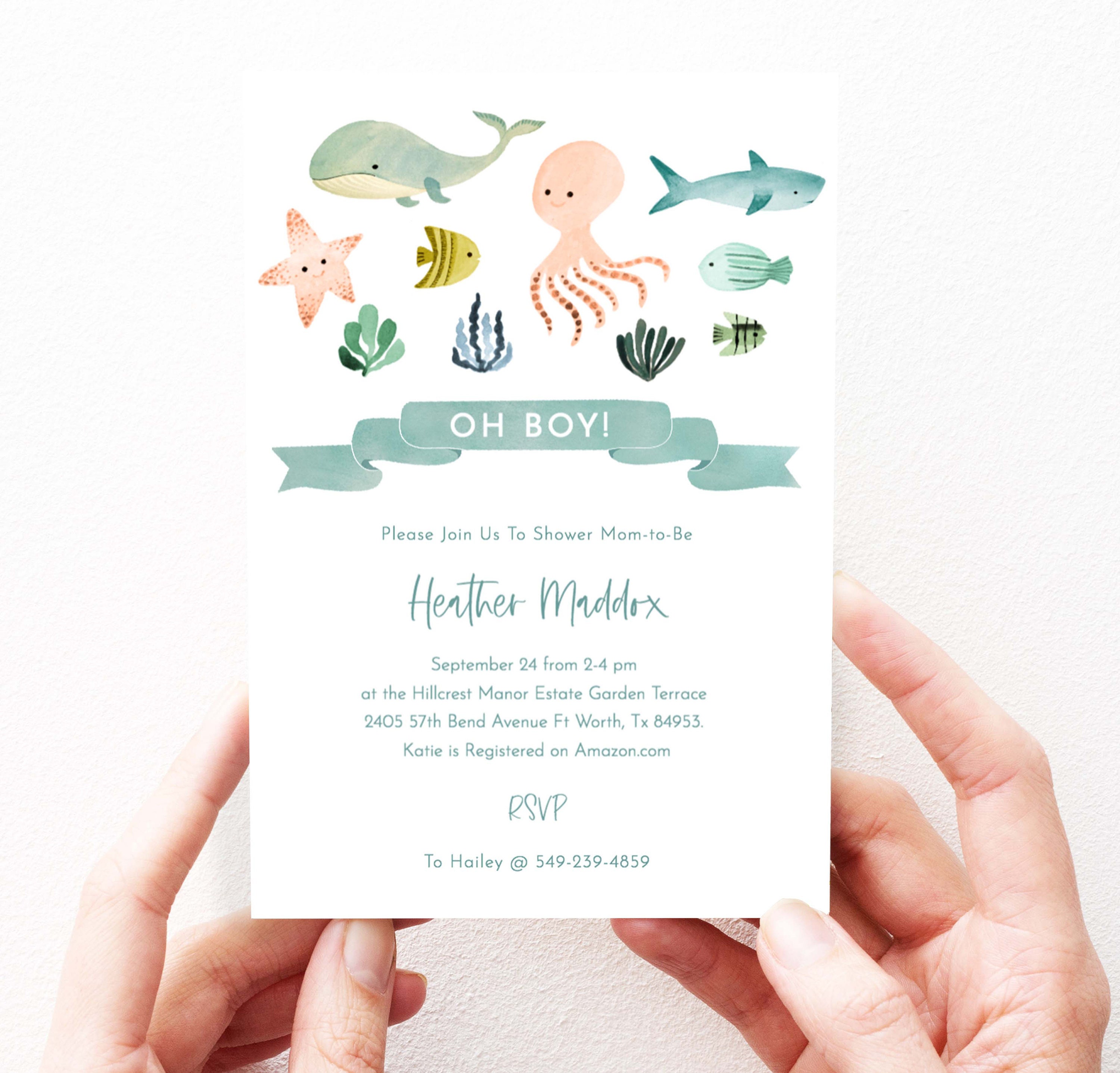 Under the Sea Baby Shower Invitation Boy Ocean Baby Shower Invites Under the Sea, Whale, Shark, Editable, Instant Download, Printable,103