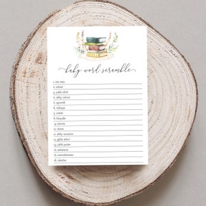 May include: A printable baby shower game with the title "baby word scramble". The game features a list of 16 words that are scrambled. The words are related to babies and childhood. The game is decorated with a watercolor illustration of a stack of books and leaves.