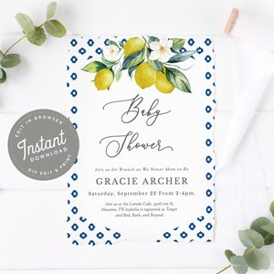 Lemon Baby Shower Invitation, Baby Shower Invite Lemons, Lemon Shower Invites, Fruit, Editable Template, Printable, Instant Download, 21