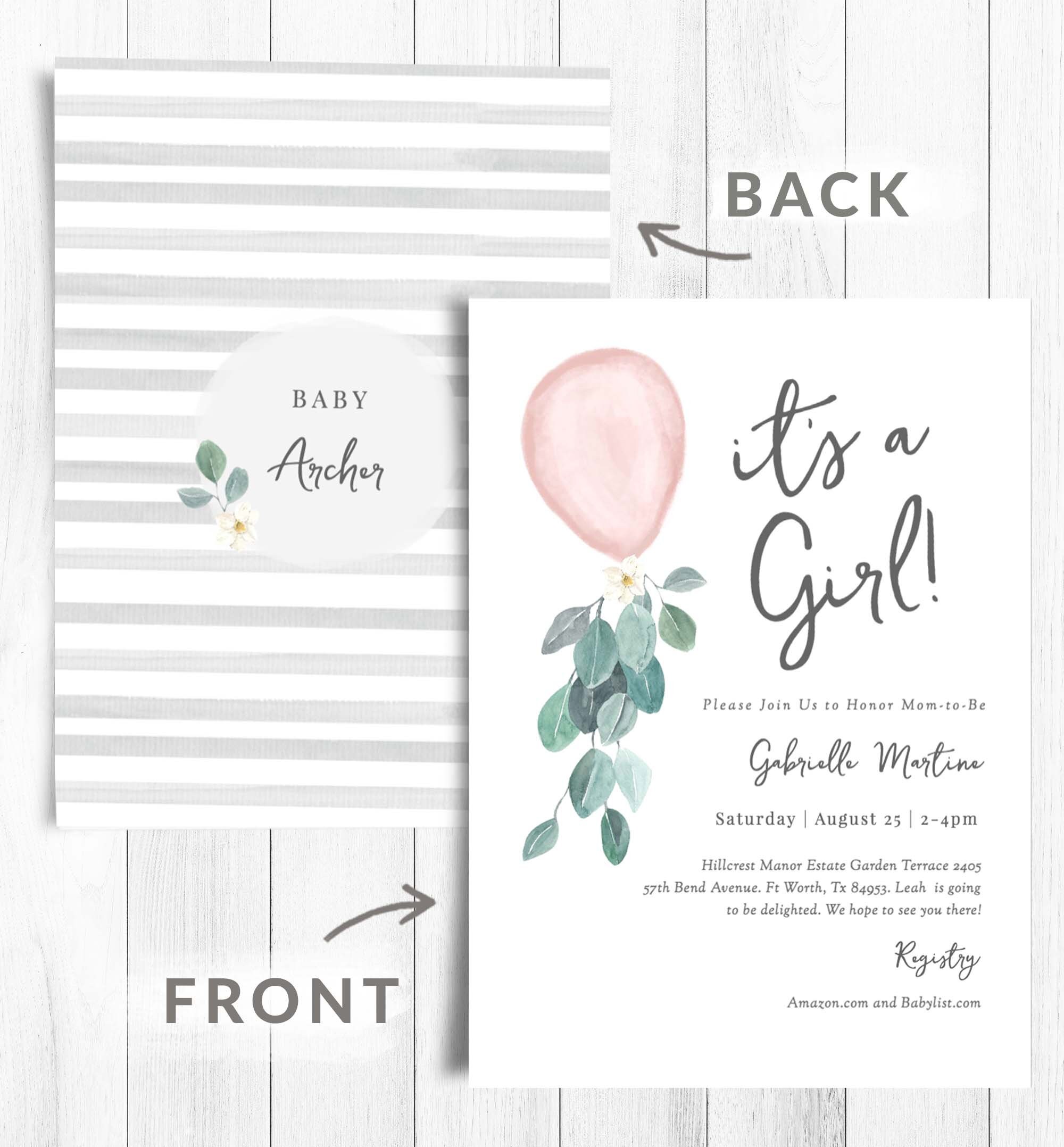It's a Girl Baby Shower Invitation Template With Balloon Etsy