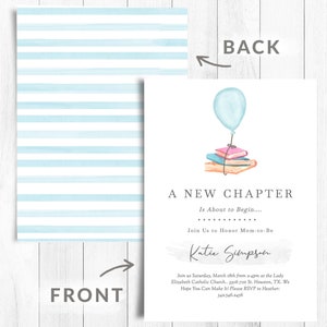 Puede incluir: Un globo azul claro con una cuerda atada a una pila de libros coloridos. El texto "A New Chapter Is About to Begin..." est&aacute; por encima de los libros. El texto "Join Us to Honor Mom-to-Be Katie Simpson" est&aacute; debajo de los libros. El texto "Join us Saturday, March 18th from 2-4pm at the Lady Elizabeth Catholic Church... 3306 71st St. Houston, TX. We Hope You Can Make It! Please RSVP to Heather: 342.546.2456" est&aacute; en la parte inferior de la invitaci&oacute;n.