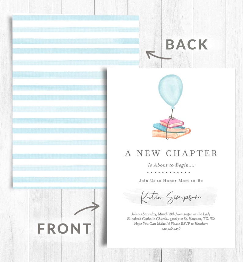 Puede incluir: Un globo azul claro con una cuerda atada a una pila de libros coloridos. El texto "A New Chapter Is About to Begin..." est&aacute; por encima de los libros. El texto "Join Us to Honor Mom-to-Be Katie Simpson" est&aacute; debajo de los libros. El texto "Join us Saturday, March 18th from 2-4pm at the Lady Elizabeth Catholic Church... 3306 71st St. Houston, TX. We Hope You Can Make It! Please RSVP to Heather: 342.546.2456" est&aacute; en la parte inferior de la invitaci&oacute;n.