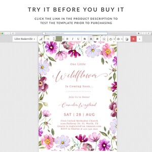 Pu&ograve; includere: Un invito a un baby shower con un bordo floreale ad acquerello. Il testo recita "One Little Wildflower is Coming Soon... Join Us to Honor Camedian Wayland SAT 28 AUG First United Methodist Church 2109 Parkway Dr. Ft. Worth, TX Gracie is registered on Amazon.com RSVP to Sharon @ 432.349.3945"