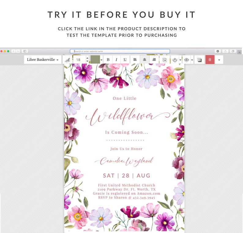 Pu&ograve; includere: Un invito a un baby shower con un bordo floreale ad acquerello. Il testo recita "One Little Wildflower is Coming Soon... Join Us to Honor Camedian Wayland SAT 28 AUG First United Methodist Church 2109 Parkway Dr. Ft. Worth, TX Gracie is registered on Amazon.com RSVP to Sharon @ 432.349.3945"