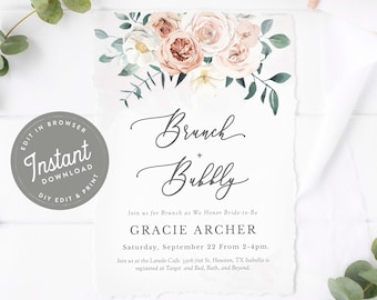 Brunch and Bubbly Bridal Shower Invitation, Floral Bridal Shower Invites, Boho, Brunch, Printable Invitation, Editable, Template, 19