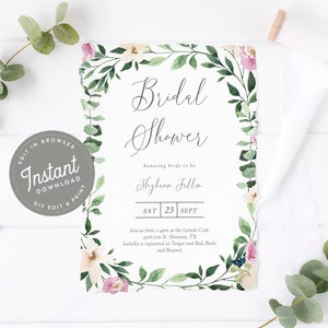 Greenery Bridal Shower Invite, Bridal Shower Invitation Floral, Greenery, Shower Invitation, Printable, Instant Download Template, Katie
