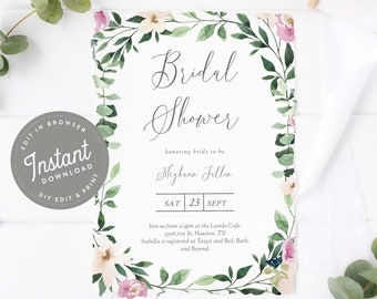 Puede incluir: Una invitación de despedida de soltera con temática floral con un borde de acuarela de hojas verdes, flores rosas y blancas. El texto dice "Bridal Shower" en honor a la futura novia "Meghann Fellin" con la fecha "SAT 23 SEPT". La invitación incluye la ubicación y la información de registro.