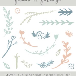 May include: A set of 14 hand-drawn floral and foliage illustrations in soft blue, green, and pink colors. The illustrations are perfect for creating digital or physical designs.