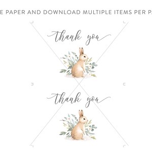 May include: Two printable thank you cards featuring a watercolor illustration of a brown bunny rabbit surrounded by green leaves and white flowers. The text "Thank you" is written in cursive on each card.