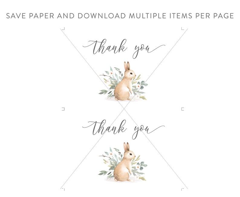 May include: Two printable thank you cards featuring a watercolor illustration of a brown bunny rabbit surrounded by green leaves and white flowers. The text "Thank you" is written in cursive on each card.