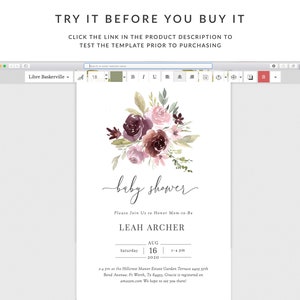 May include: A baby shower invitation with a watercolor floral design in shades of pink and purple. The invitation features the text "baby shower" in a cursive font and includes the name "LEAH ARCHER" and the date "AUG 16 2020".