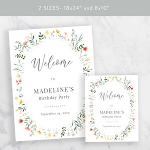 May include: Two printable welcome signs featuring a floral wreath design. The signs read "Welcome to Madeline's Birthday Party" and include the date September 24, 2020. The signs are available in two sizes: 18x24 inches and 8x10 inches.