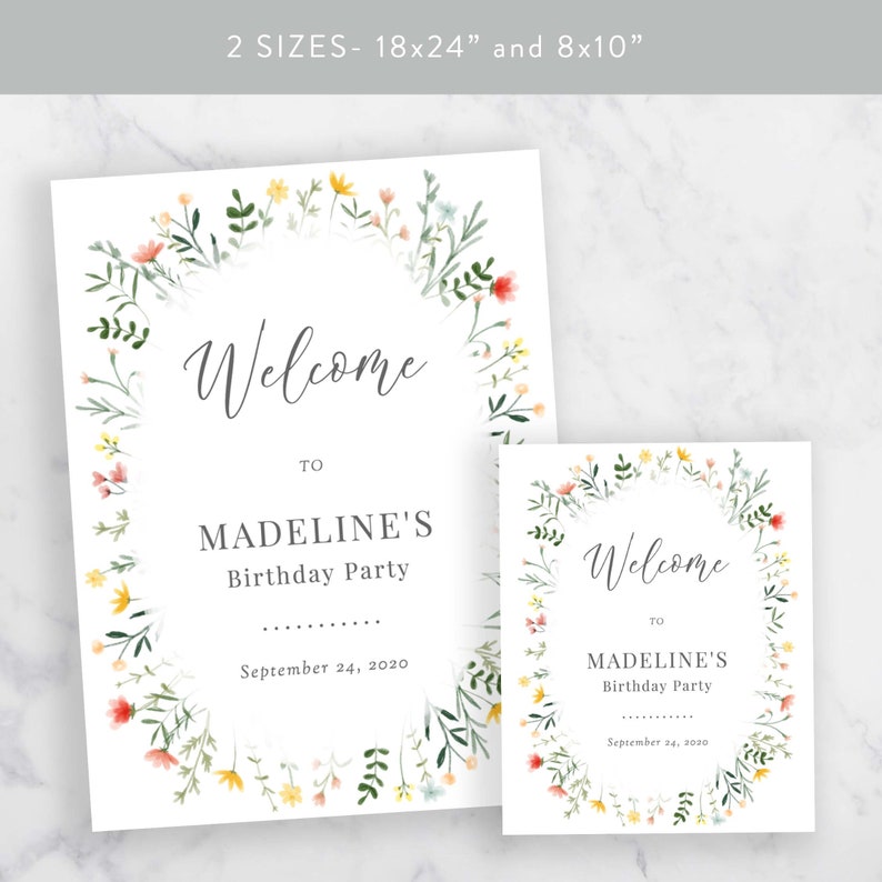 May include: Two printable welcome signs featuring a floral wreath design. The signs read "Welcome to Madeline's Birthday Party" and include the date September 24, 2020. The signs are available in two sizes: 18x24 inches and 8x10 inches.
