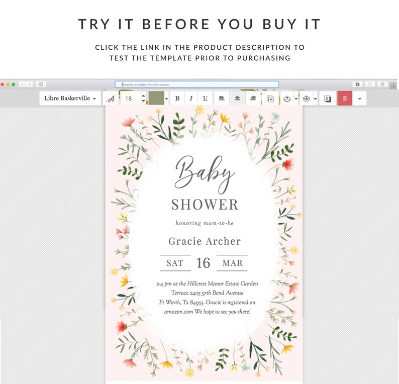 May include: A pink and white baby shower invitation with a floral wreath border. The text reads "Baby Shower" honoring mom-to-be Gracie Archer. The date is Saturday, March 16th. The location is the Hillcrest Manor Estate Garden Terrace in Fort Worth, Texas.
