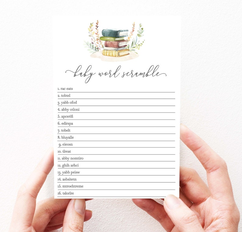 May include: A printable baby shower game card with the title "baby word scramble". The card has a list of 16 words that are scrambled. The words are related to babies and parenting. The card has a watercolor illustration of a stack of books with leaves and flowers.