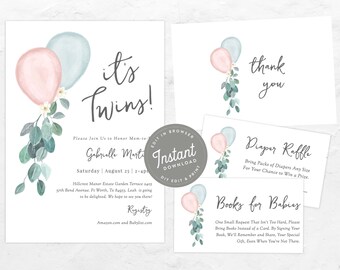 Boy Girl Twin Baby Shower Invitation Boy and Girl Twins Baby Shower Invites with Balloon, Twins Shower Invitation and Books For Baby, 147