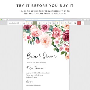 Op de afbeelding: Een afdrukbare bruidsdouche-uitnodigingstemplate met een aquarelbloemendesign in roze en bordeaux tinten. De tekst luidt "Bridal Shower" en bevat de naam van de aanstaande bruid, de datum, tijd en locatie van de douche, en informatie over het cadeauregister.