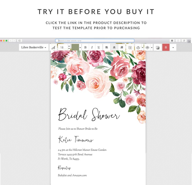 Op de afbeelding: Een afdrukbare bruidsdouche-uitnodigingstemplate met een aquarelbloemendesign in roze en bordeaux tinten. De tekst luidt "Bridal Shower" en bevat de naam van de aanstaande bruid, de datum, tijd en locatie van de douche, en informatie over het cadeauregister.