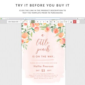 May include: A peach-themed baby shower invitation with watercolor peach illustrations and gold glitter accents. The text reads "A little peach is on the way..." and includes the name "Hallie Pearson" and the date "Sat 23 Sept".