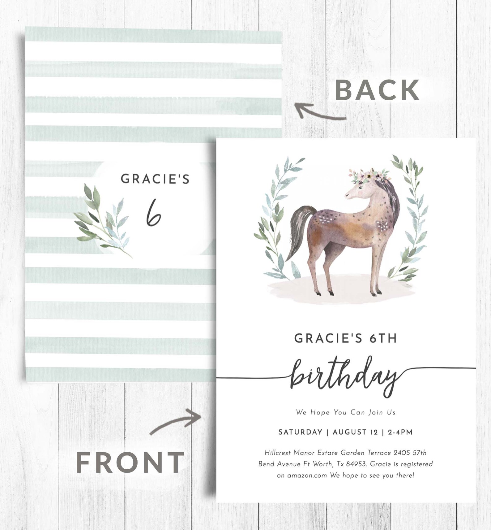 Horse Birthday Invitation Girl Cute Horse Birthday Invites Etsy