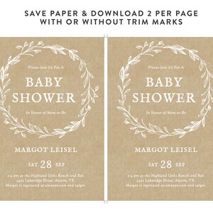 May include: Two brown paper baby shower invitations with white floral wreaths and text that reads "Please Join Us For A Baby Shower In Honor of Mom-to-Be Margot Leisel Sat 28 Sep 2-4 pm at the Highland Oaks Ranch and Bar. 3452 Lakeridge Drive, Austin, TX. Margot is registered at amazon.com and target."