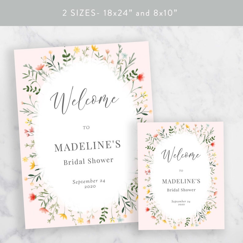 May include: Two printable bridal shower welcome signs with a floral wreath design. The signs are on a pink background and feature the text "Welcome to Madeline's Bridal Shower" and the date "September 24, 2020".
