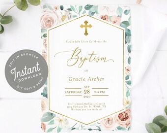 Floral Baptism Invitation Girl, Baptism Invite Floral, Christening Invitation Floral, Editable Template, Printable, Instant Download, 19