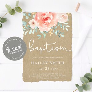 Christening Invitation Girl, Baptism Invitation Floral, Baptism Invitation, Baptism Invitation Template, Cross, Template, Instant Download