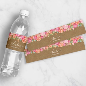 Floral Water Bottle Label, Baby Shower Girl Water Bottle Labels, Floral Water Labels, Party Water Bottle Labels, Rosa