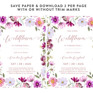 Pu&ograve; includere: Due inviti stampabili per una festa di benvenuto per un bambino con un bordo floreale ad acquerello. Gli inviti sono per una bambina di nome "One Little Wildflower" e includono la data, l'ora e il luogo della festa. Il testo &egrave; in un carattere rosa e bianco.