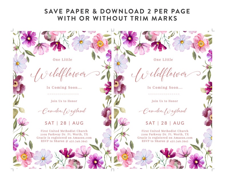 Pu&ograve; includere: Due inviti stampabili per una festa di benvenuto per un bambino con un bordo floreale ad acquerello. Gli inviti sono per una bambina di nome "One Little Wildflower" e includono la data, l'ora e il luogo della festa. Il testo &egrave; in un carattere rosa e bianco.
