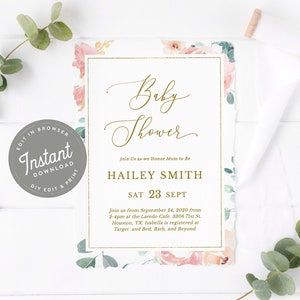 Peony Baby Shower Invitation, Peony Baby Shower Invites Girl, Floral Baby Shower, Editable Template, Floral, Instant Download, Printable, 30