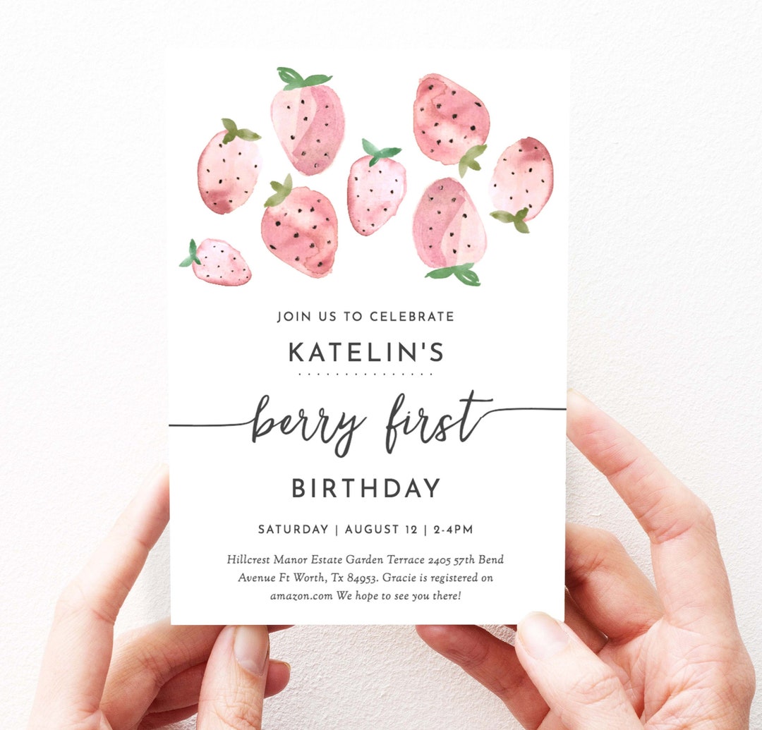 Cute Strawberry Birthday Invitation Strawberries Strawberry Etsy