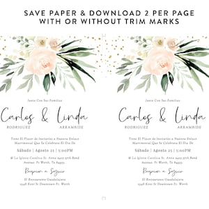 May include: A wedding invitation with a watercolor floral design in shades of pink and green. The invitation features the names "Carlos & Linda" with the text "Junto Con Sus Familias" and the date "S&aacute;bado Agosto 25 | 5:00PM".