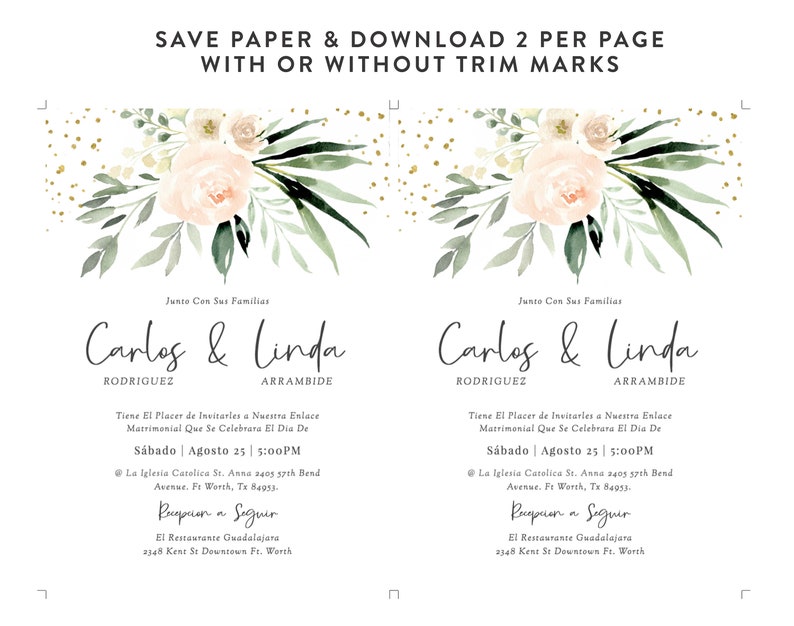 May include: A wedding invitation with a watercolor floral design in shades of pink and green. The invitation features the names "Carlos & Linda" with the text "Junto Con Sus Familias" and the date "S&aacute;bado Agosto 25 | 5:00PM".