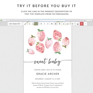 May include: A pink and green watercolor illustration of strawberries with the text "sweet baby" above the words "Coming soon. Join us to honor Gracie Archer Saturday August 12 | 2-4PM Hillcrest Manor Estate Garden Terrace 2405 57th Bend Avenue Ft Worth, Tx 84953. Gracie is registered on amazon.com We hope to see you there!"