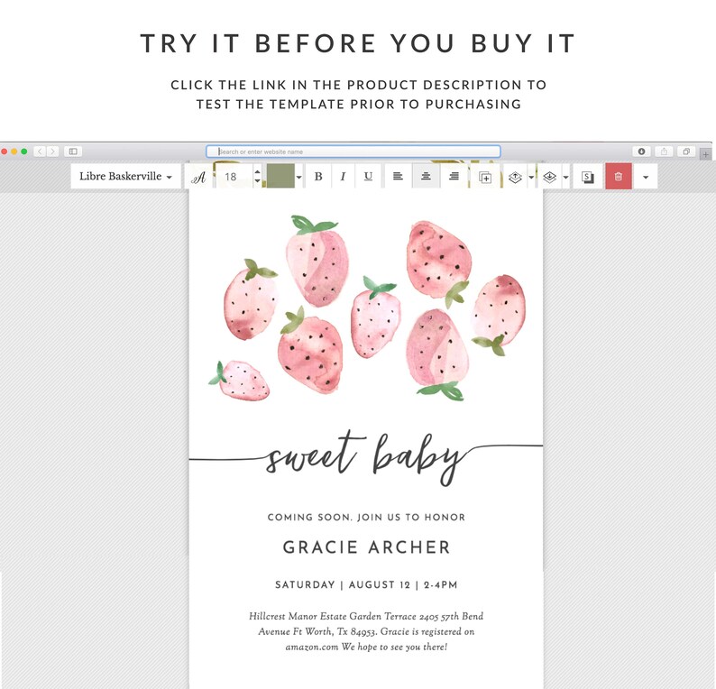 May include: A pink and green watercolor illustration of strawberries with the text "sweet baby" above the words "Coming soon. Join us to honor Gracie Archer Saturday August 12 | 2-4PM Hillcrest Manor Estate Garden Terrace 2405 57th Bend Avenue Ft Worth, Tx 84953. Gracie is registered on amazon.com We hope to see you there!"