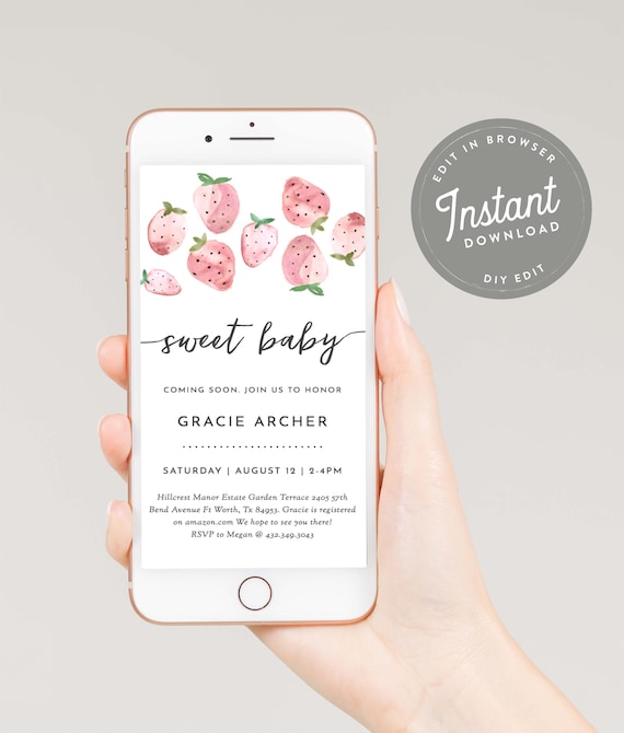 Summer Baby Shower Invitation E Vite, Strawberry Baby Shower E Invitation, Text Invitation, E Invite, Electronic, Evite, 120