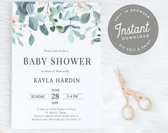 May include: A white baby shower invitation with a floral border. The invitation reads "Please Join Us for a Baby Shower" in honor of Kayla Hardin. The shower is on Sunday, June 28th, 2019 from 2-4pm at 2704 Maberry Drive in Fort Worth, Texas. Kayla is registered at Target and Amazon.com.