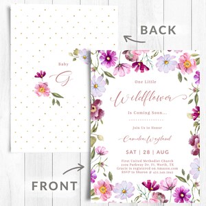 Pu&ograve; includere: Un invito a una festa di nascita con un design floreale. L'invito &egrave; per una bambina di nome Gracie. Il testo sull'invito recita: "One Little Wildflower is Coming Soon... Join Us to Honor Camelian Wayland SAT 28 AUG First United Methodist Church 2109 Parkway Dr. Ft. Worth, TX Gracie is registered on Amazon.com RSVP to Sharon @ 432.349.3945"