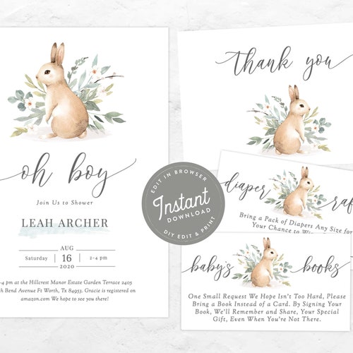 Bunny Baby Shower Invitation Boy Baby Shower Invites Rabbit Etsy