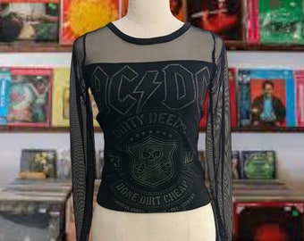 Upcycled AC/DC Band Tee With Mesh Sleeves And Adjustable Size Lace-up Tie on Back Repurposed Fashion