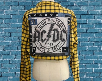 Upcycled Band Shirt Flannel AC/DC Cropped One Size Fits Most  Repurposed Fashion