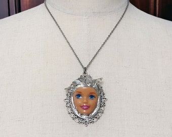 Upcycled Barbie doll head doll parts statement necklace with crystals antique silver