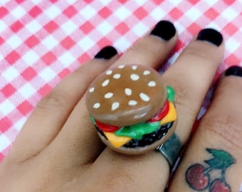 Cheeseburger ring, miniature food jewelry, polymer clay jewelry