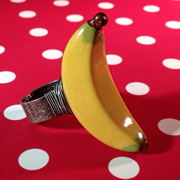 Banana ring, miniature food jewelry, polymer clay jewelry