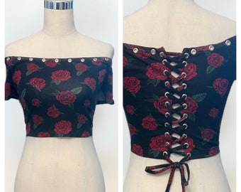 Upcycled Rose Off The Shoulder T-shirt Lace Up Back w Grommet Repurposed Fashion