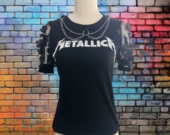 Upcycled Metalica Band Tshirt With Chains and Puff Skeeves Repurposed Fashion